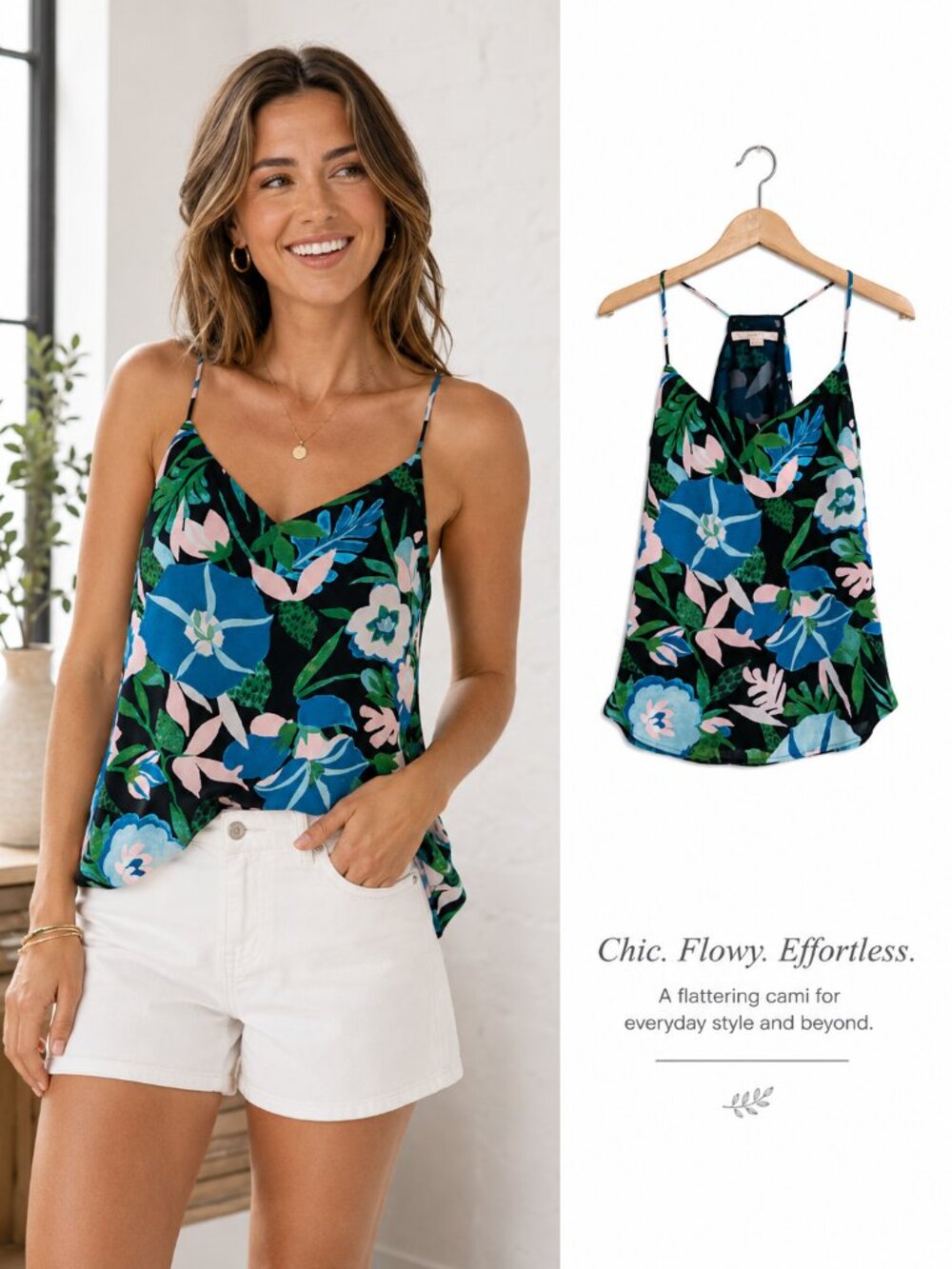 Loft Black Floral Tropical Strappy Cami Tank Top Size Extra Small Petite Flowy